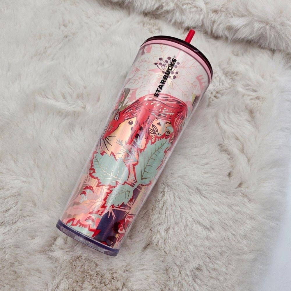 Starbucks Pink and Red Woodland Tumbler with Straw